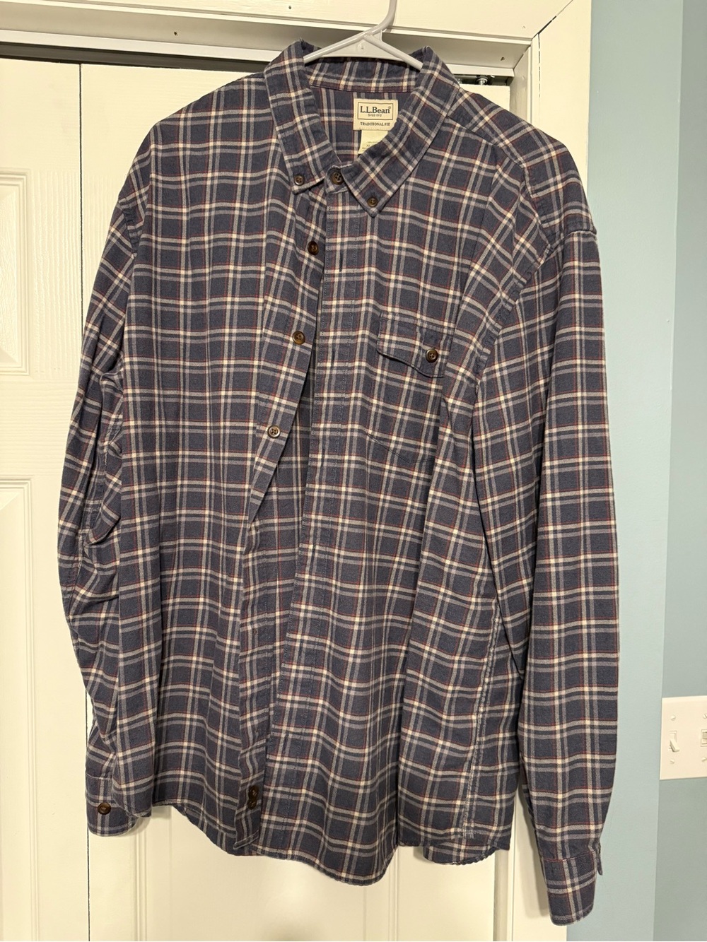L.L. Bean Men's Navy and White Plaid Button-Down Shirt